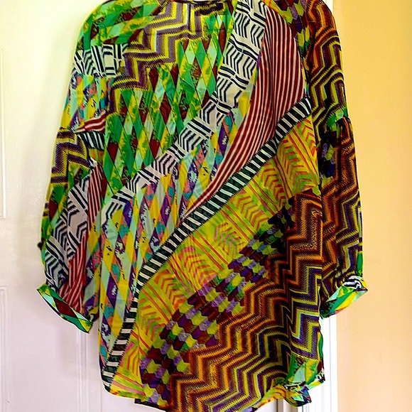 🌈EUC LE ElliottLauren BohemianStyleFabulousColors. SheerPuffySleevesCurved Hem - Picture 4 of 11